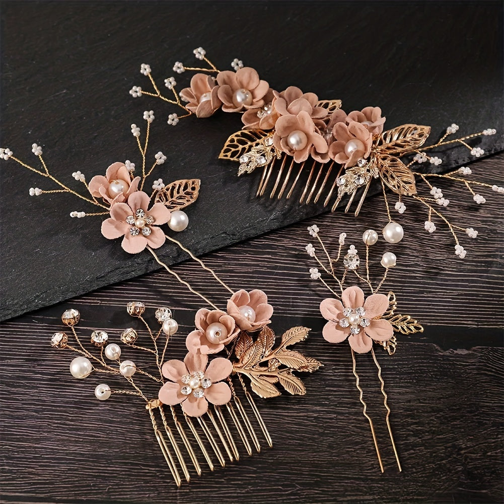 Pink Flower Hair Pin Inlaid Faux Pearl U shaped Hairpin Hair Accessories