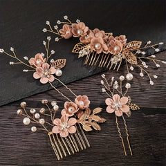 Pink Flower Hair Pin Inlaid Faux Pearl U shaped Hairpin Hair Accessories
