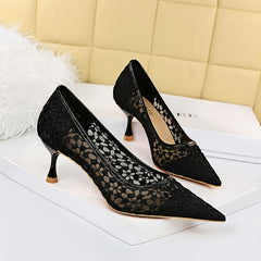 Lace Kitten Heel Shoes Pointed Toe Dress Pumps