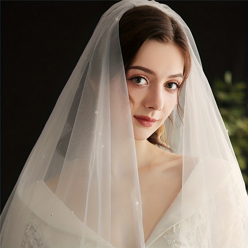 Double Layer Long Head Veil Faux Pearl Mesh Bridal Wedding Hair Accessories