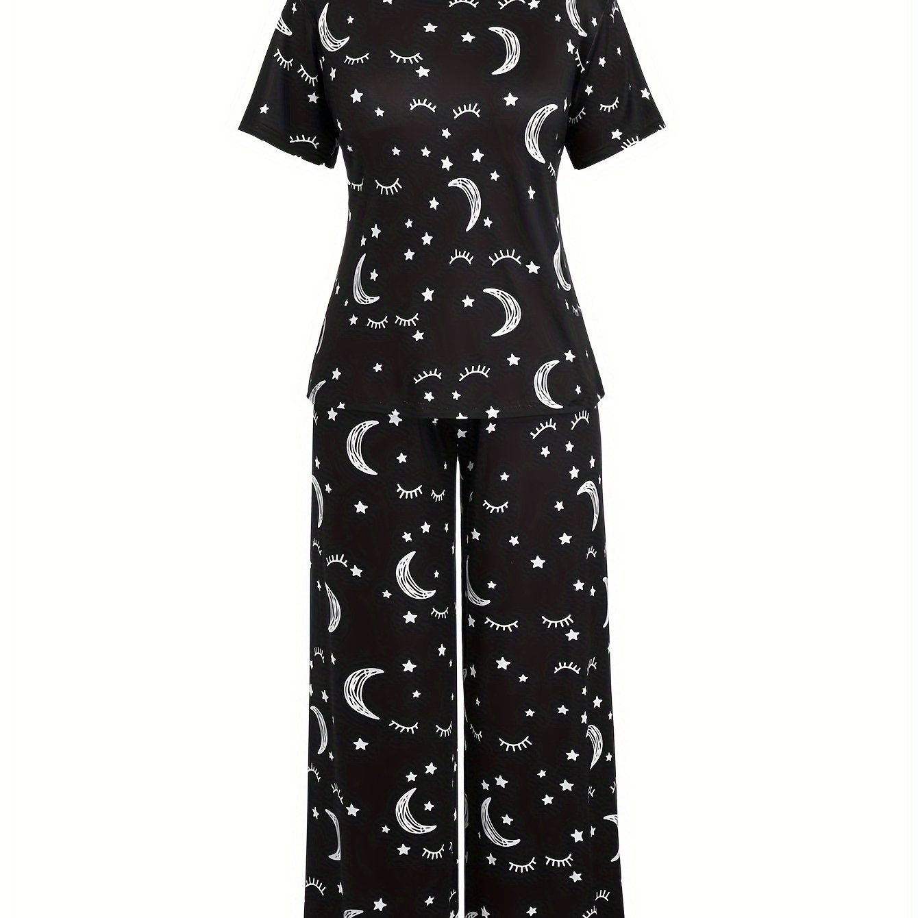 Sun & Moon Print Pajamas Set Short Sleeve Tee & Pants 2 Piece Set