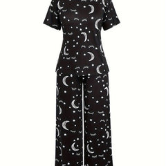 Sun & Moon Print Pajamas Set Short Sleeve Tee & Pants 2 Piece Set
