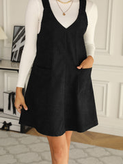 V Neck Corduroy Overall Dress With Pockets