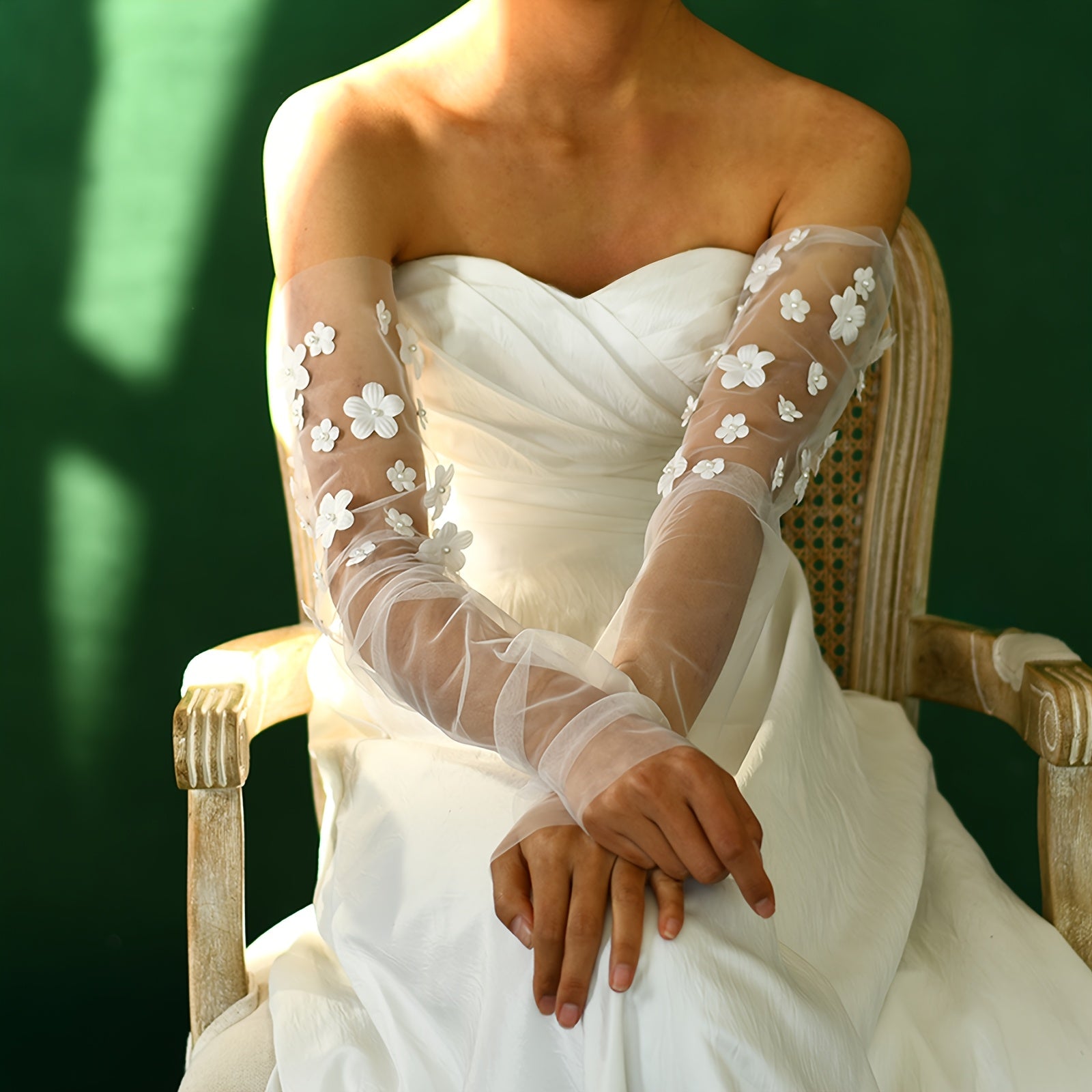 Sheer Bridal Gloves with Floral Embellishments Long Sleeve