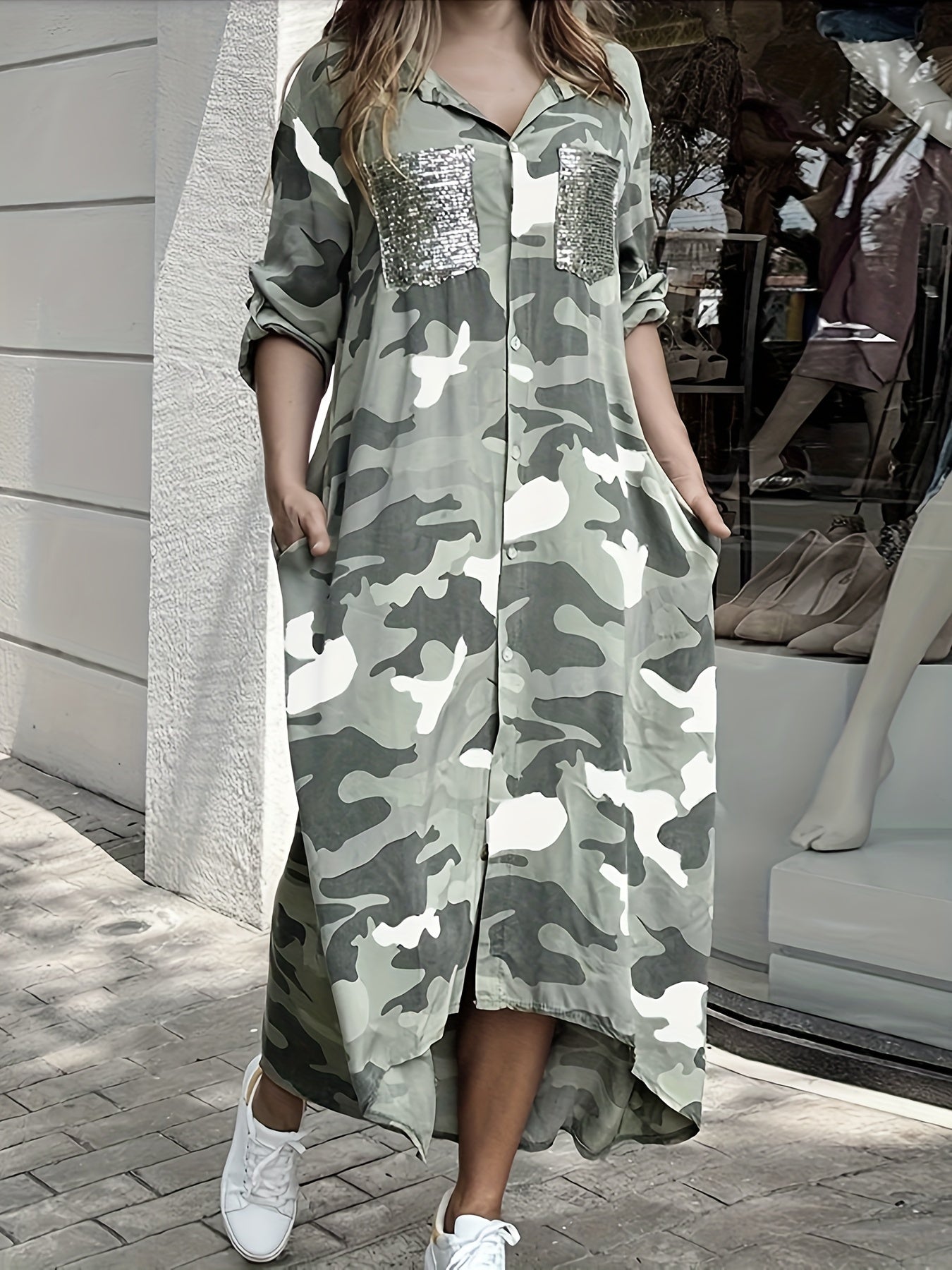 Camo Print Shirt Dress Long Sleeve Button Front Collar Dress