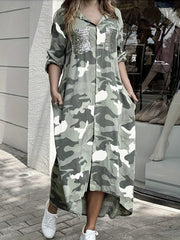 Camo Print Shirt Dress Long Sleeve Button Front Collar Dress