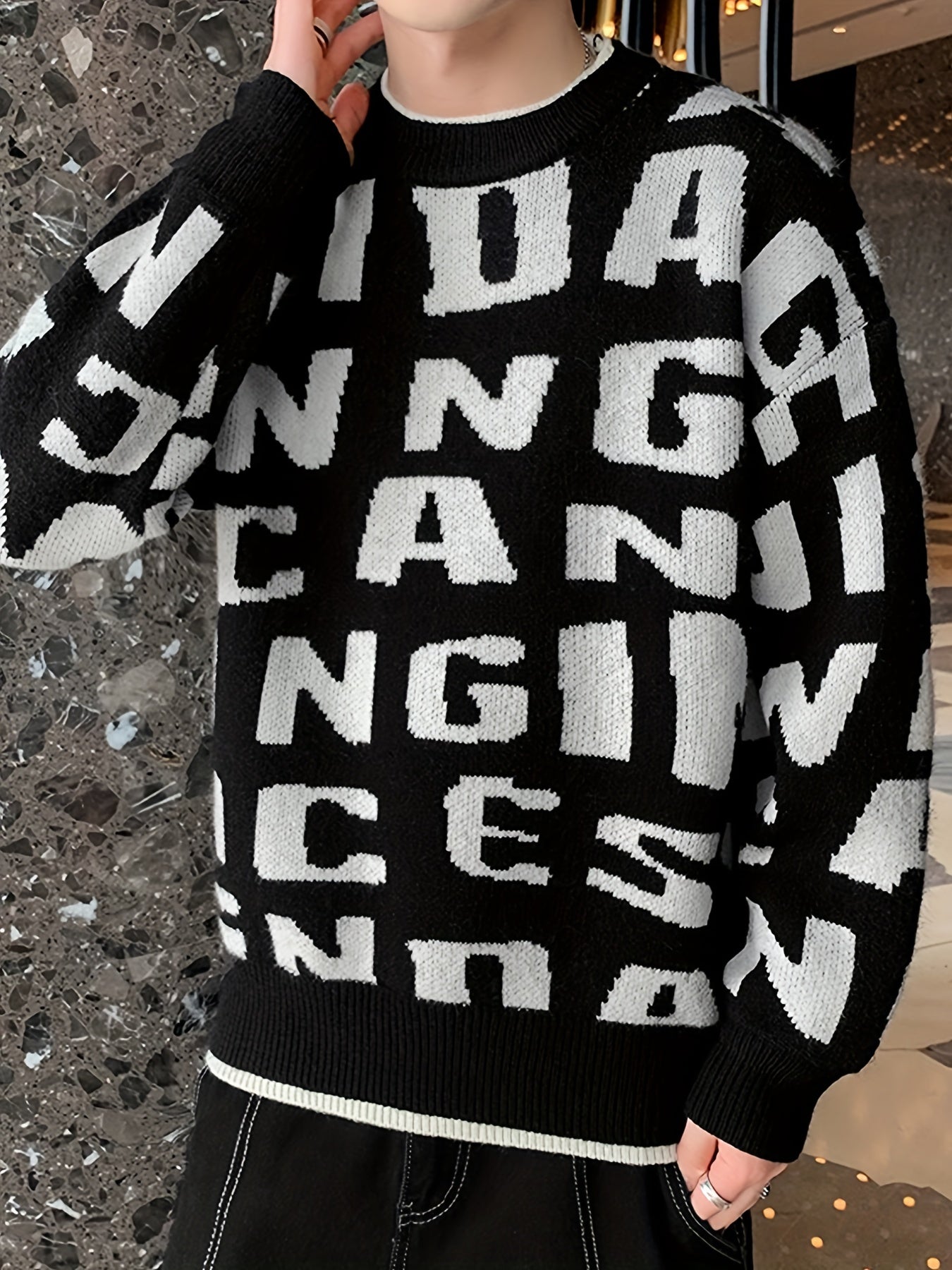 Knitted Letter Print Sweater Men's Casual Round Neck Pullover Sweater