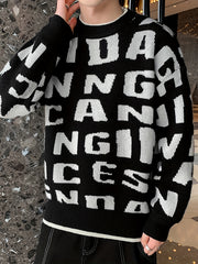Knitted Letter Print Sweater Men's Casual Round Neck Pullover Sweater