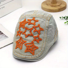 Vintage Washed Distressed Denim Beret with Pentagram Patch