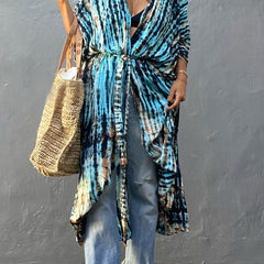 Tie Dye V Neck Kimono Colorblock Beachwear Boho Style Robes