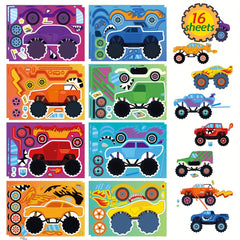 16pcs Monster Truck Stickers - 8 Designs Truck Party Favors for Birthday Party