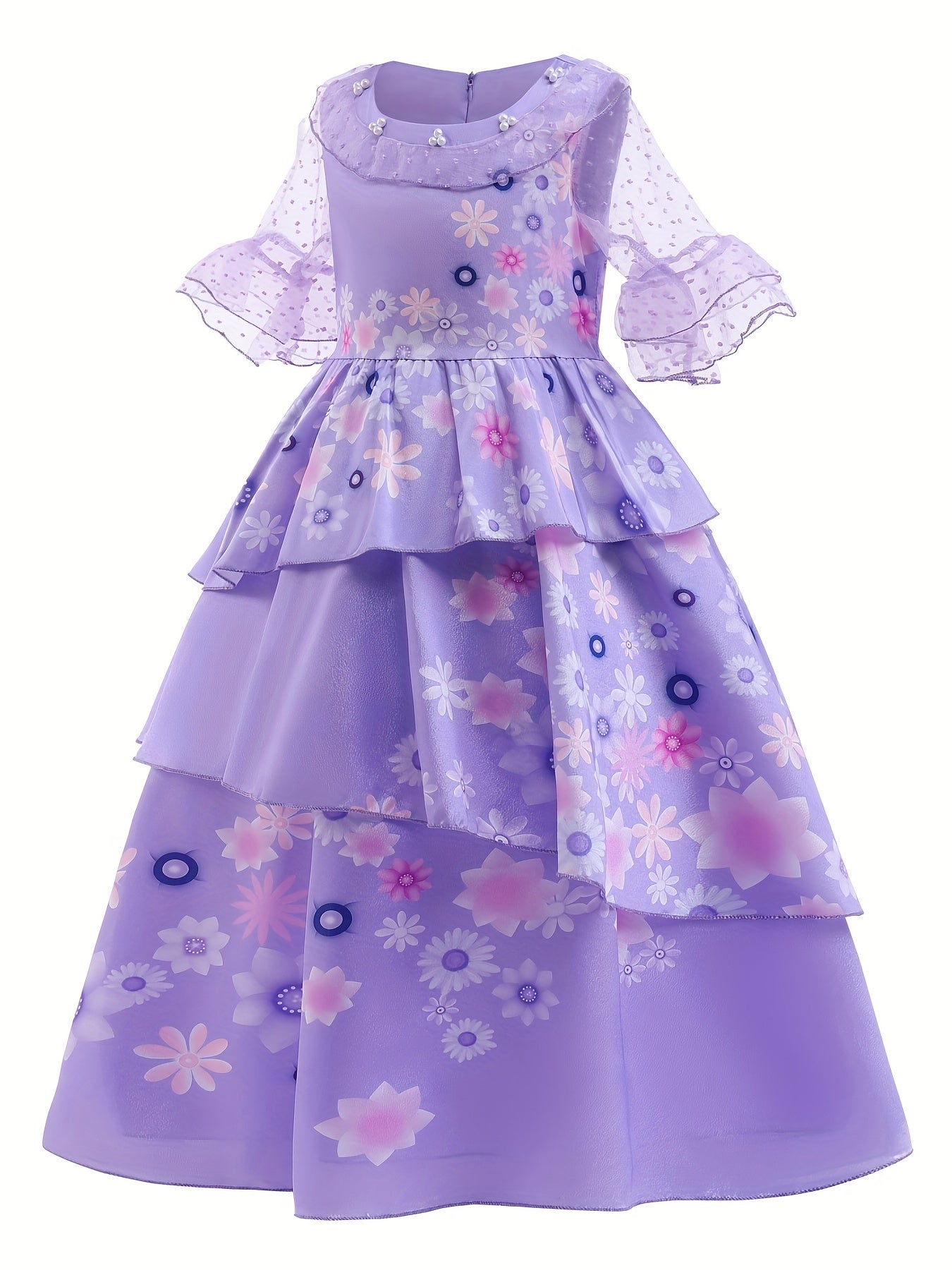 Girls Magic Princess Dress Polka Dots Flare Lace Sleeve Prom Party Dress Gloves