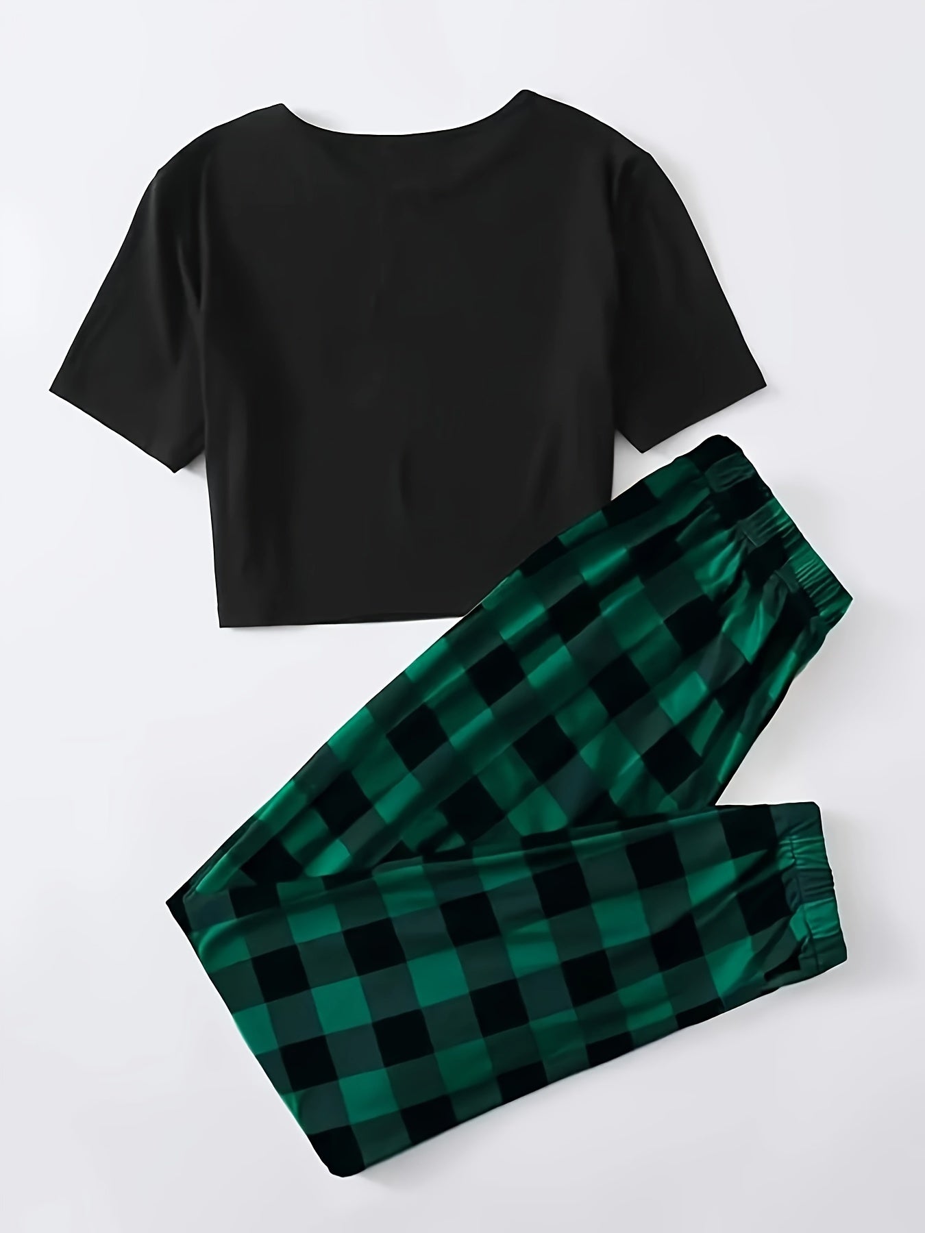 Preppy Lounge Set Tee & Plaid Print Joggers Pajamas 2 Piece Set