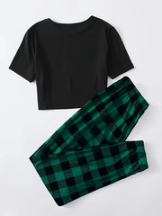 Preppy Lounge Set Tee & Plaid Print Joggers Pajamas 2 Piece Set