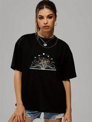 Book & Flower Print Summer Sports T-shirts for Women