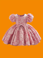 Girl's Preppy Style Puffy Sleeve Bow Dress