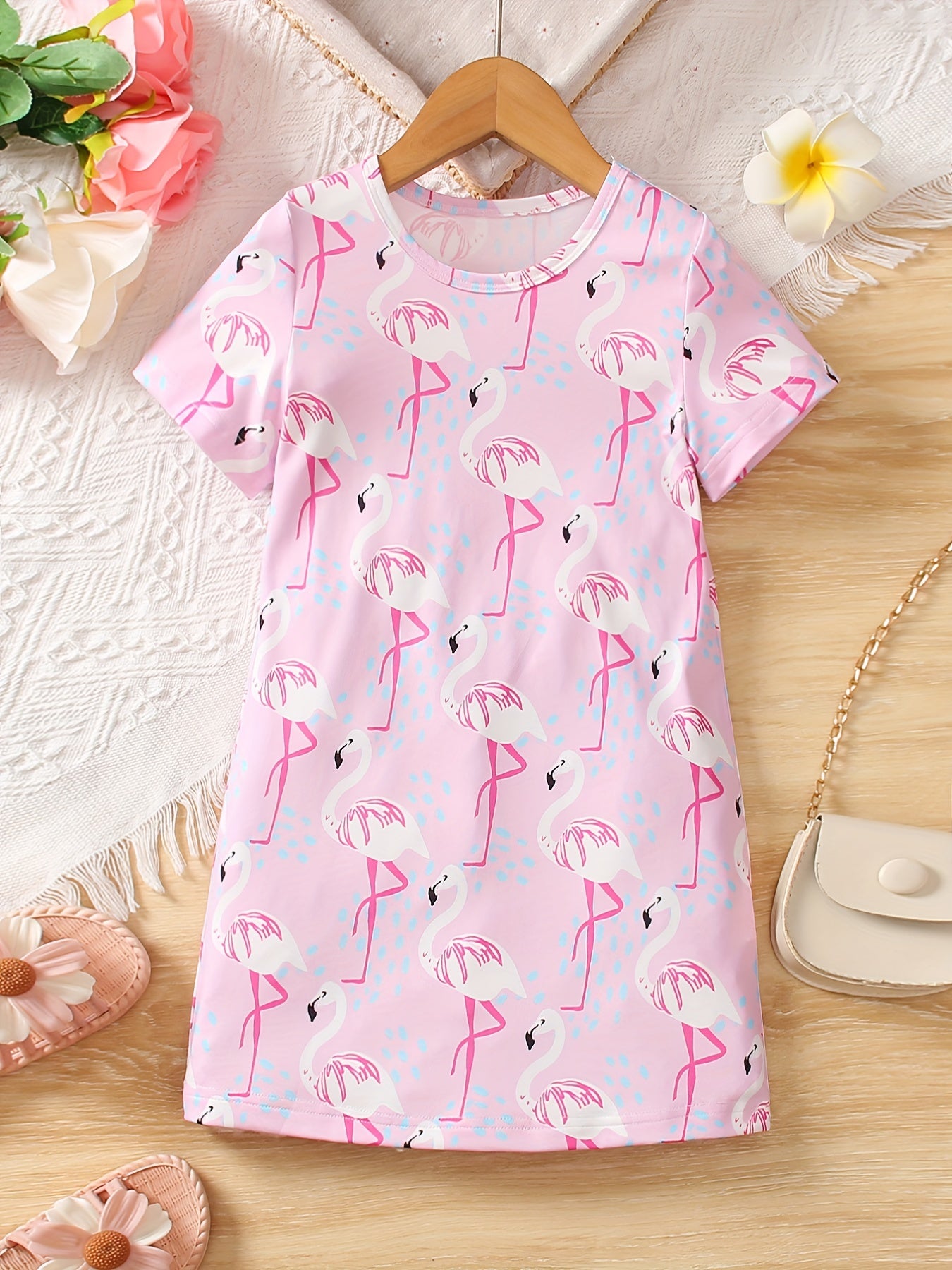 Girls Flamingo Graphic T-shirt Dress for Summer