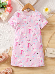 Girls Flamingo Graphic T-shirt Dress for Summer