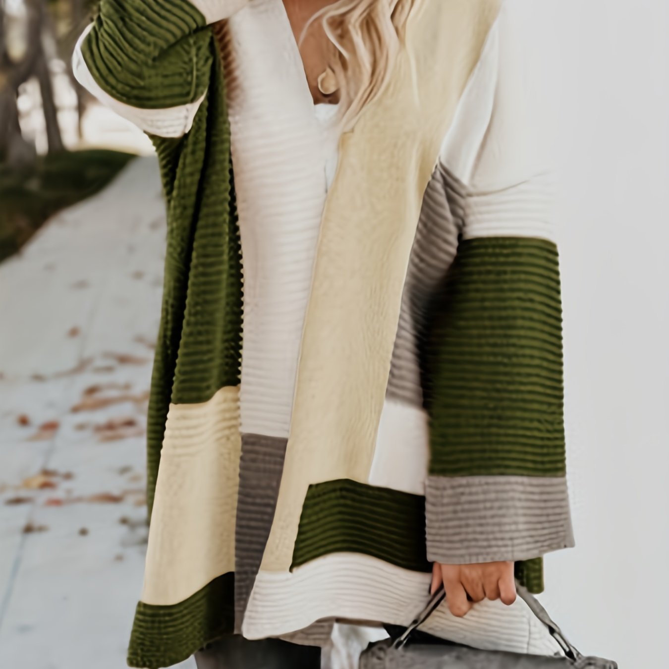 Colorblock Ribbed Long Sleeve Open Front Cardigan