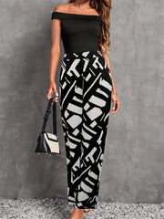 Off Shoulder Top & Geo Print Pants Set Women's Clothing
