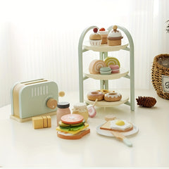 Wooden Play Kitchen Set for Girls Cooking Appliances & Dessert Display