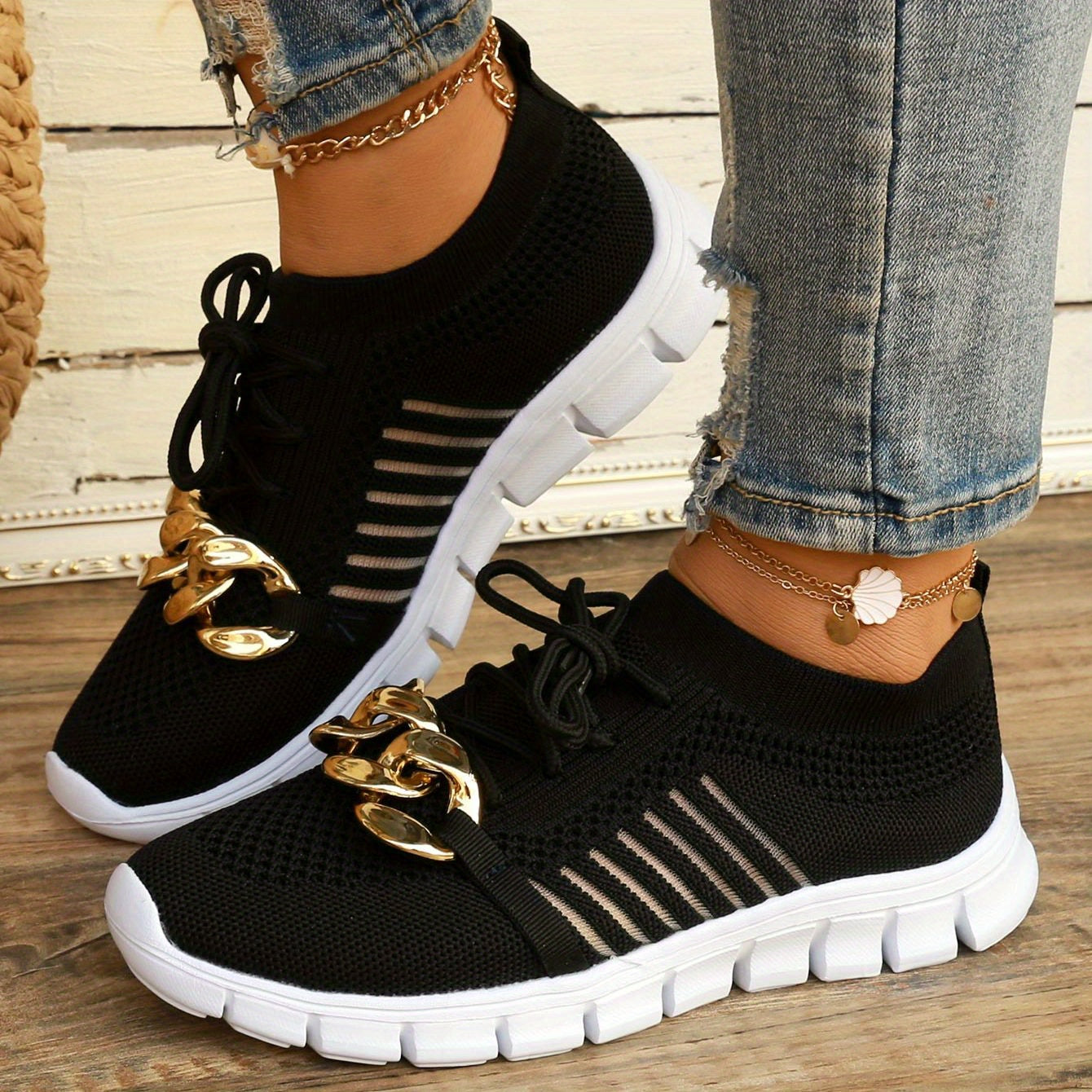 Women's Knit Sports Shoes with Metallic Chain Decor