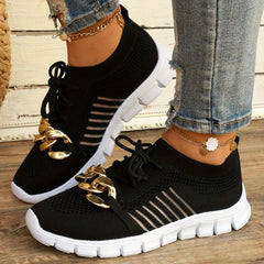 Women's Knit Sports Shoes with Metallic Chain Decor