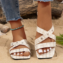 Crocodile Pattern Slide Sandals Square Toe Flat Summer Shoes Rhinestone Decor