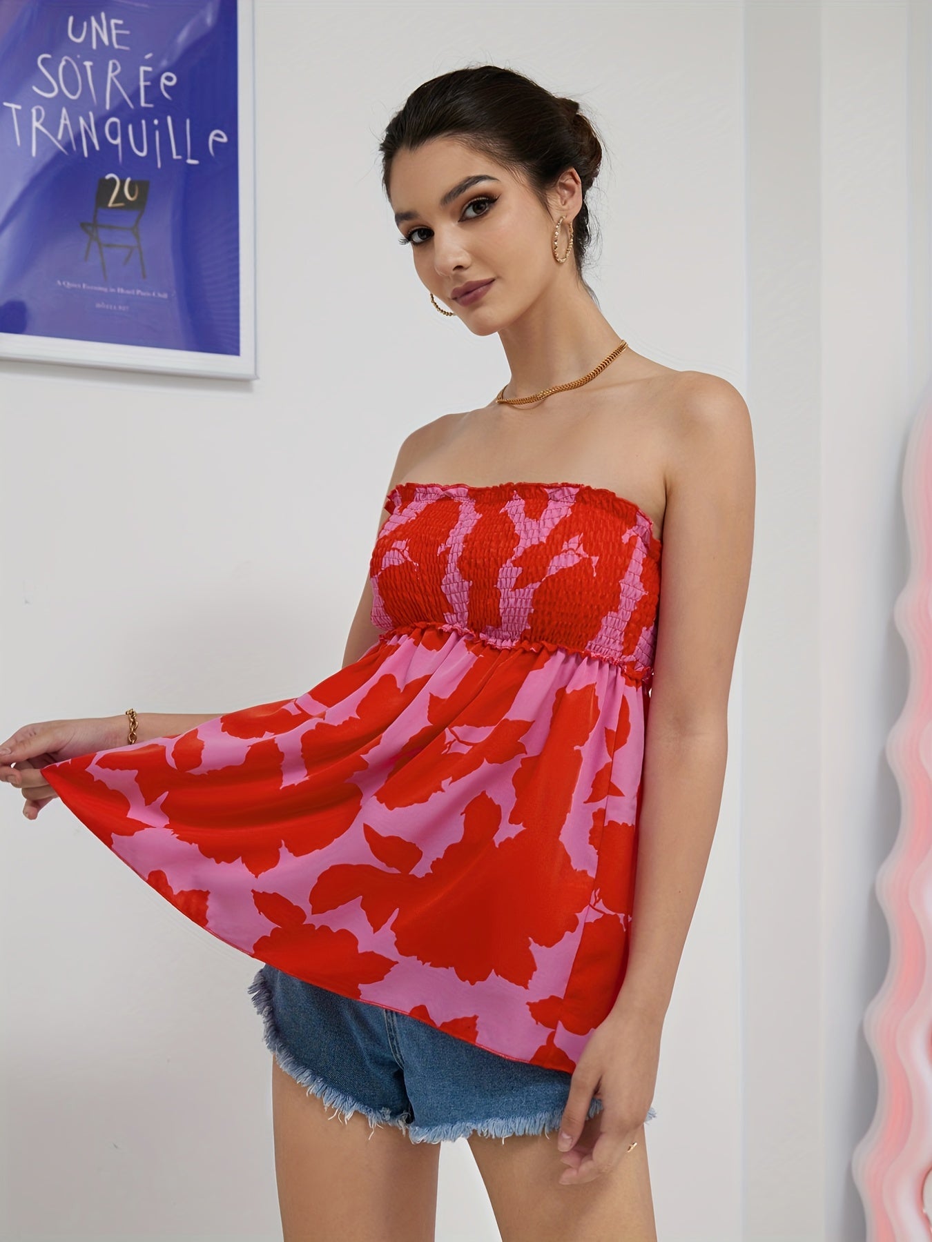 Flower Print Tube Top Strapless Summer Casual Shirt