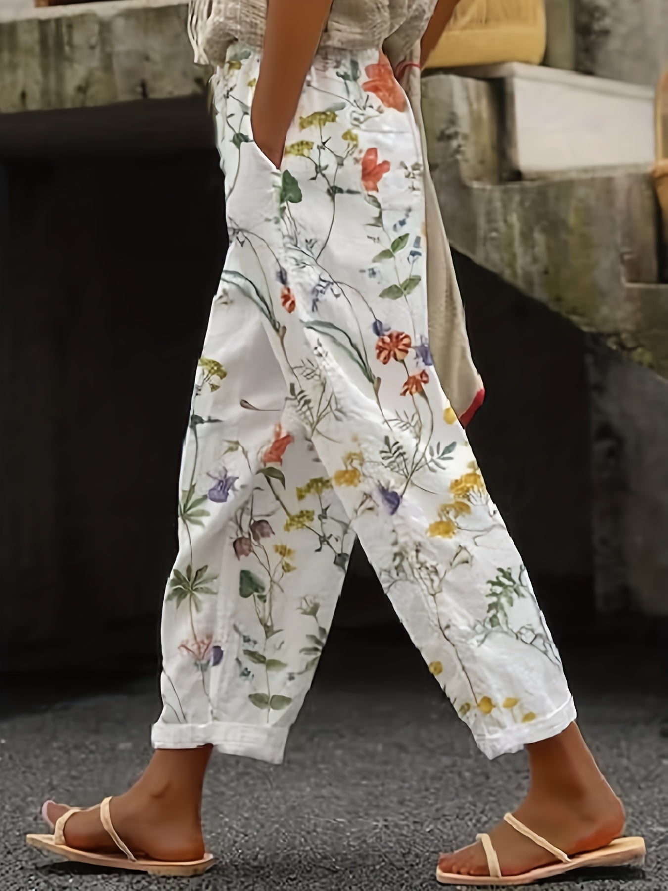 Floral Print Straight Leg Pants with Pockets