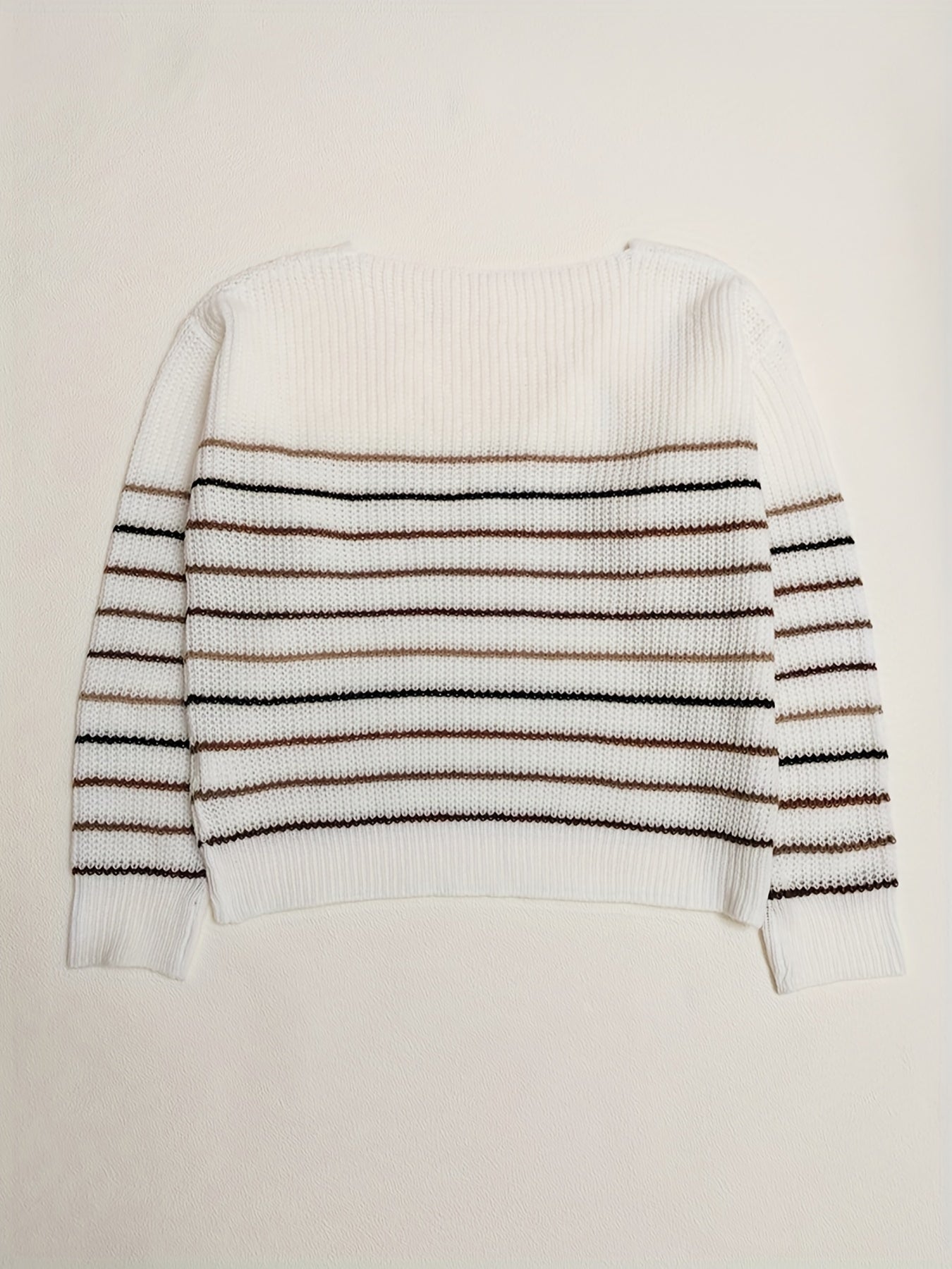 Striped Print Knit Sweater V Neck Long Sleeve Casual
