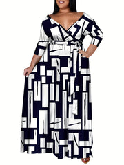 Plus Size Casual Geometric Print Maxi Dress with Belt
