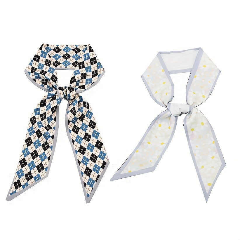2pcs Plaid & Floral Skinny Scarf Long Ribbon Neckerchief Decorative Wrist Wraps