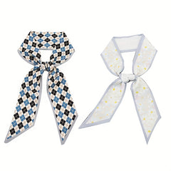 2pcs Plaid & Floral Skinny Scarf Long Ribbon Neckerchief Decorative Wrist Wraps