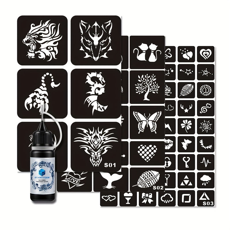 Hollow Tattoo Stencils Set with Transparent Juice Dyeing Paste