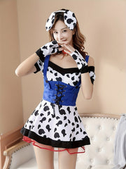 Halloween Cow Cosplay Costume Short Sleeve V Neck Dress & Ears Hairband