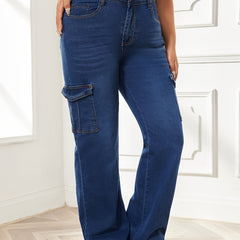 Washed Button Fly High Rise Wide Leg Cargo Jeans