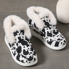 Cow Print Snow Boots Warm Plush Lined Slip On Flat Shoes