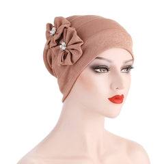 Ladies Pearl Two Flowers Turban Hat Retro Beanie Valentines