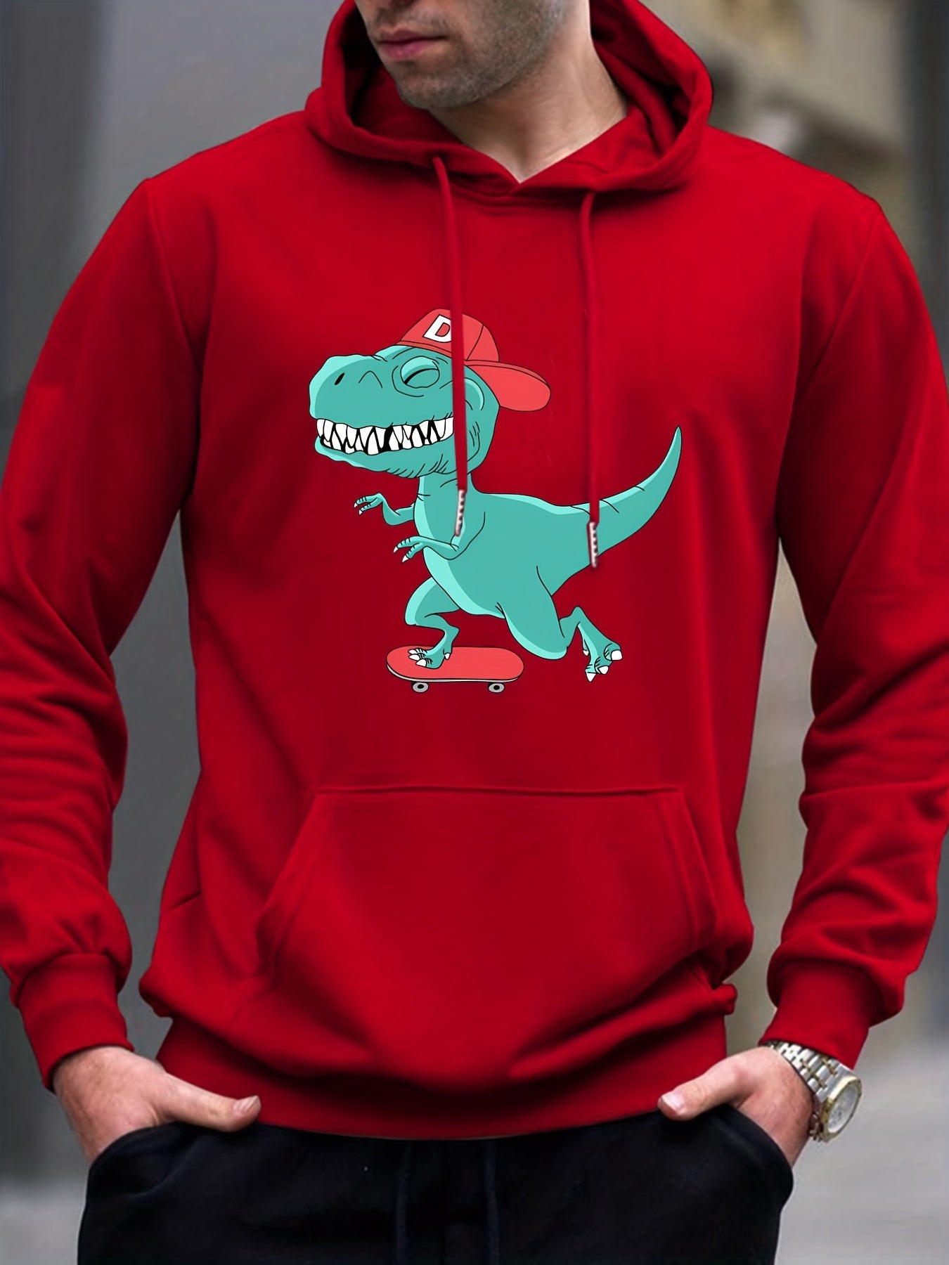 Anime Dinosaur Print Hoodie Men's Graphic Pullover Hooded Sweatshirt