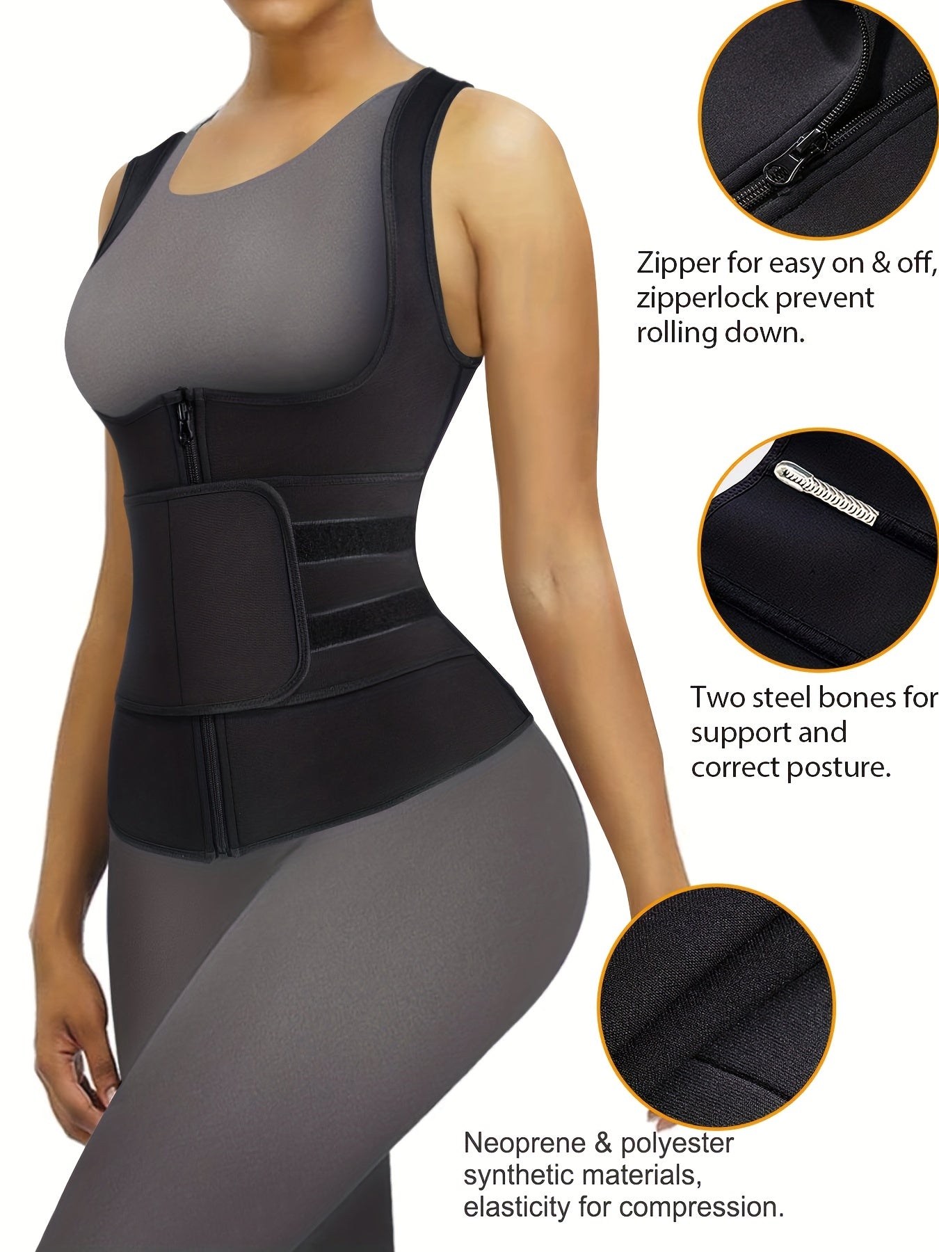 Waist Training Sweat Sauna Tank Top Tummy Control Zipper Women's Activewear