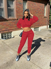 Solid Drawstring Two Piece Set Cropped Hoodie & Jogger Pants Outfit