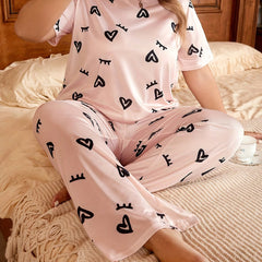 Eyelash & Heart Print Pajama Set