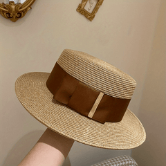 British Style Straw Sun Hat Flat Brim Jazz Fedora Cap Ribbon Bowknot Decor