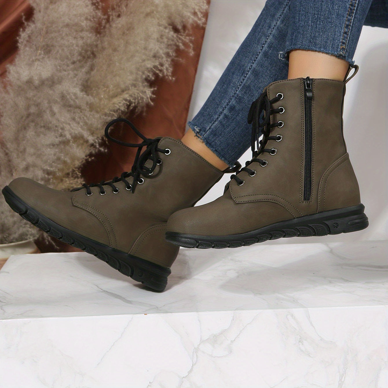 Women's Combat Boots Lace Up Side Zipper Ankle Boots