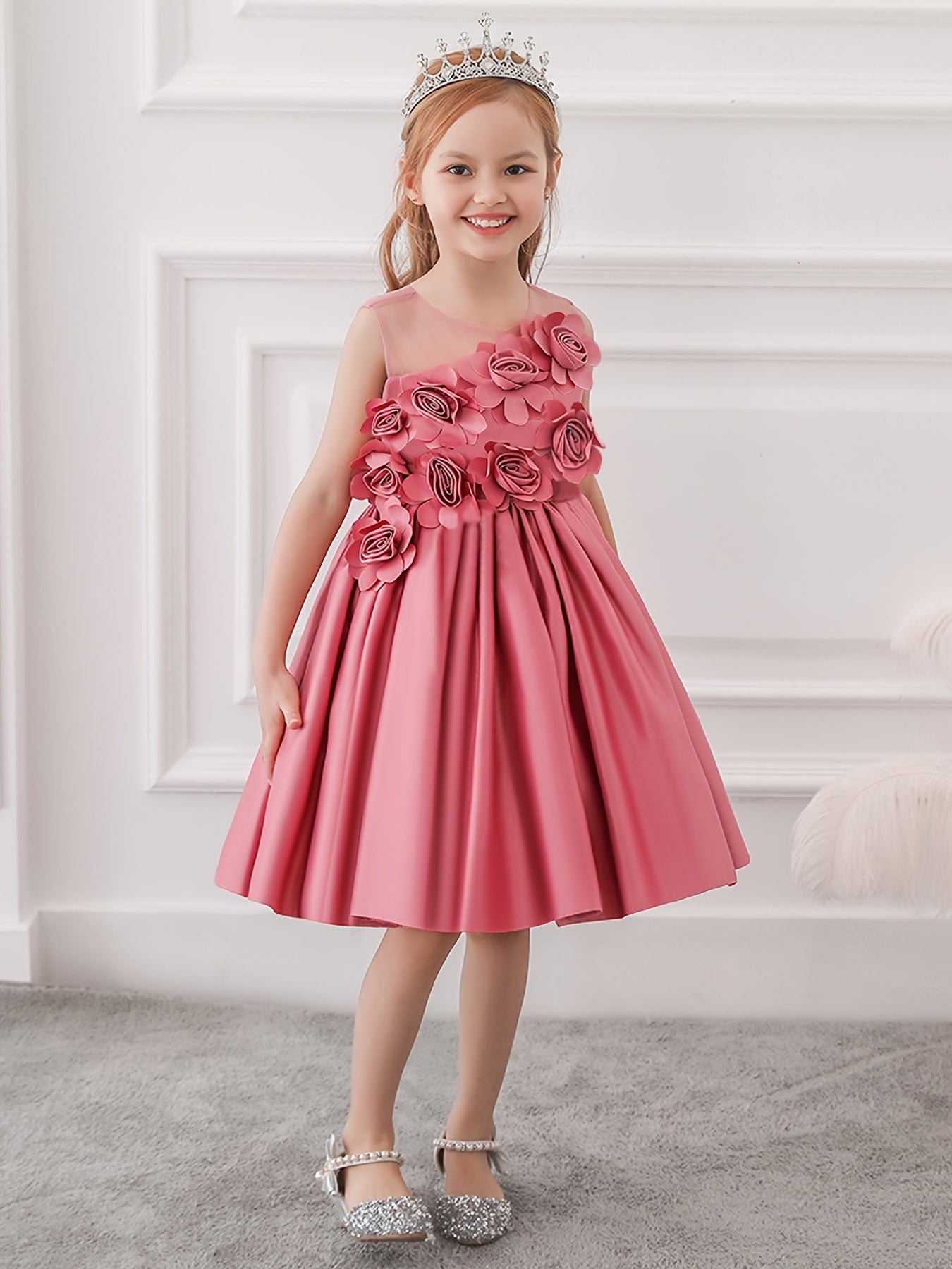 Girls Mesh Princess Dress with Flower Decoration