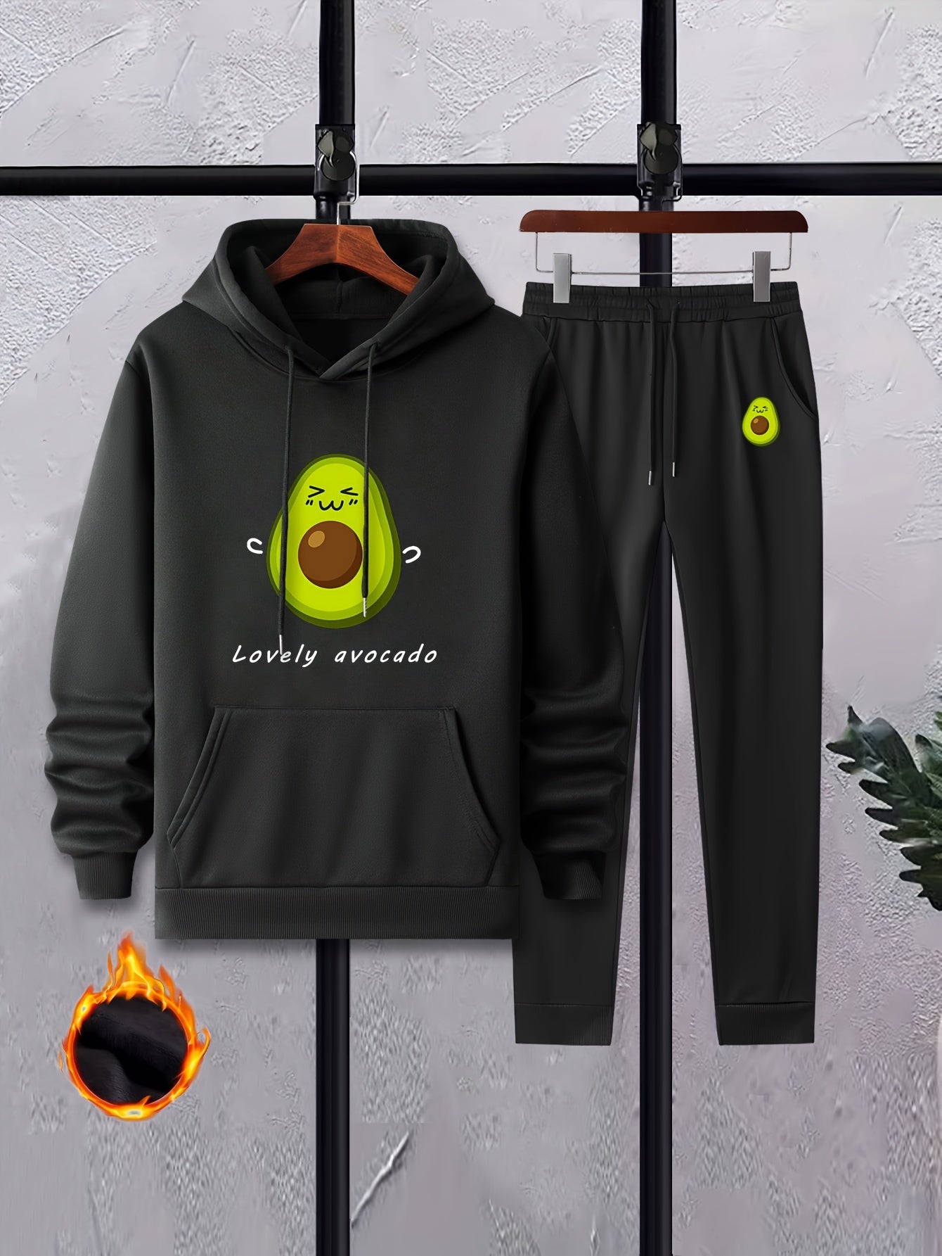 Avocado Print Men's 2Pcs Outfits Long Sleeve T Shirt Hooded Sweatshirt