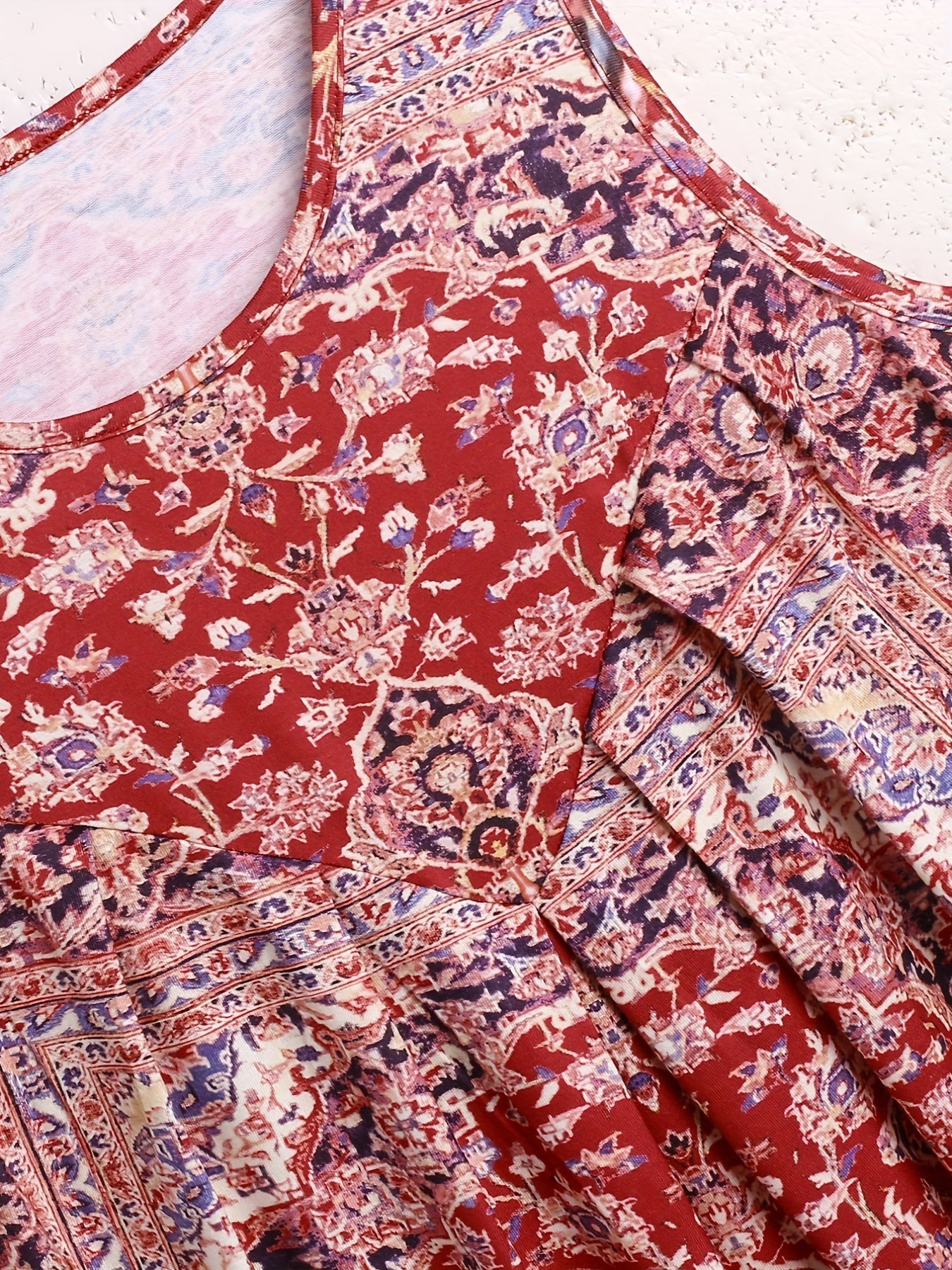 Ethnic Floral Print Tank Dress Boho Crew Neck Tucked Dress