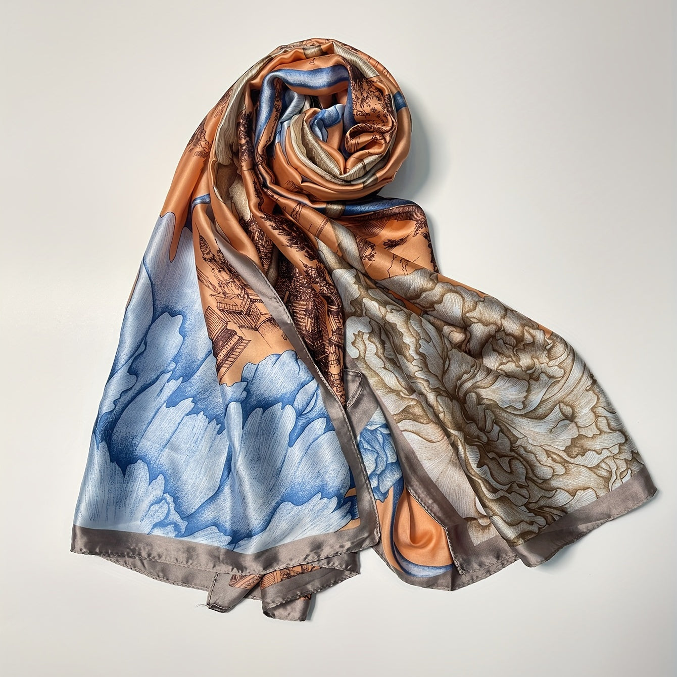 Flower Castle Print Scarf Satin Shawl Head Wrap Travel Beach Towel
