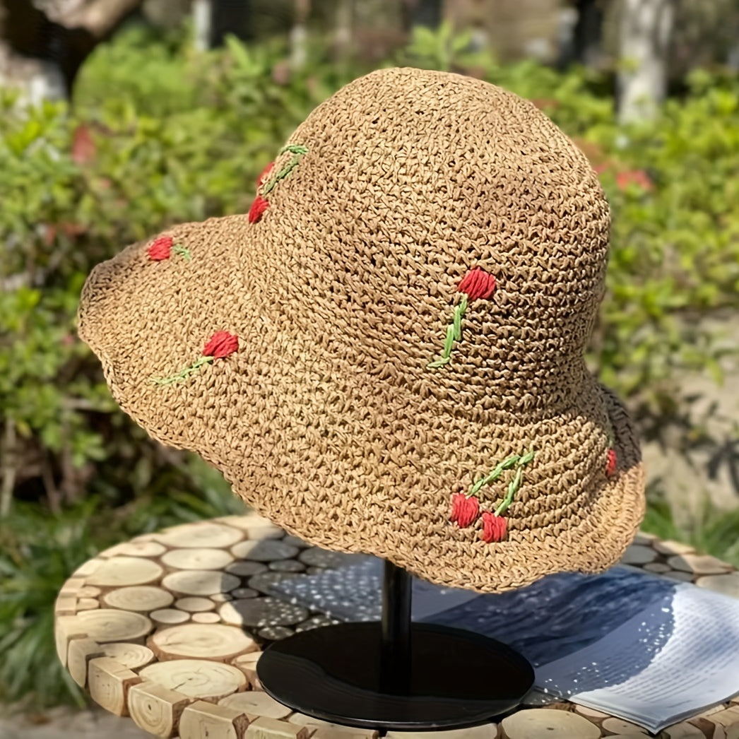 Ruffles Brim Vintage Sun Hat Cherry Crochet Straw Hat UV Protection